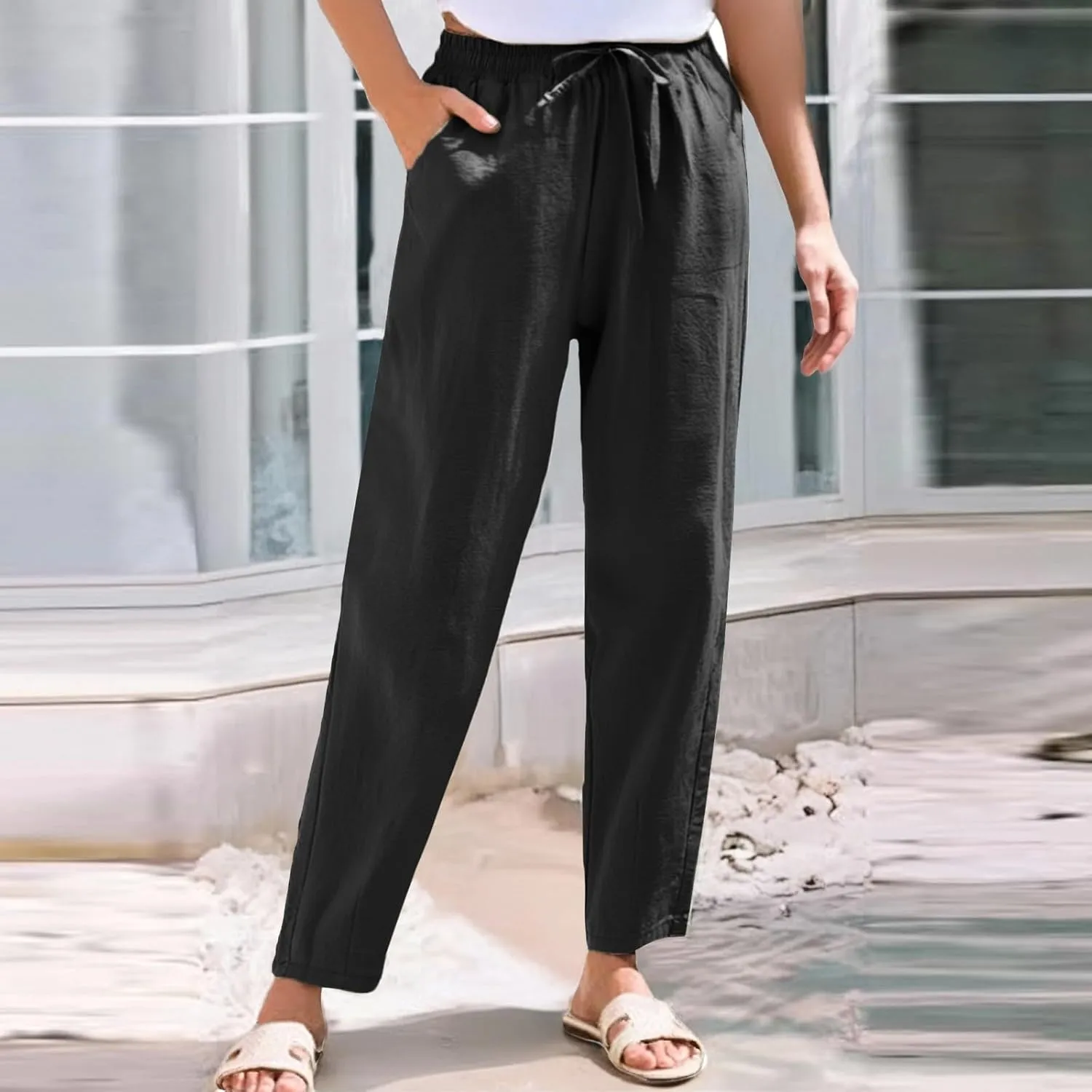 Womens Dress Pants Golf,Dress Sweatpants Women Plus Size Low Rise Cotton Linen Baggy Wide Leg Trousers