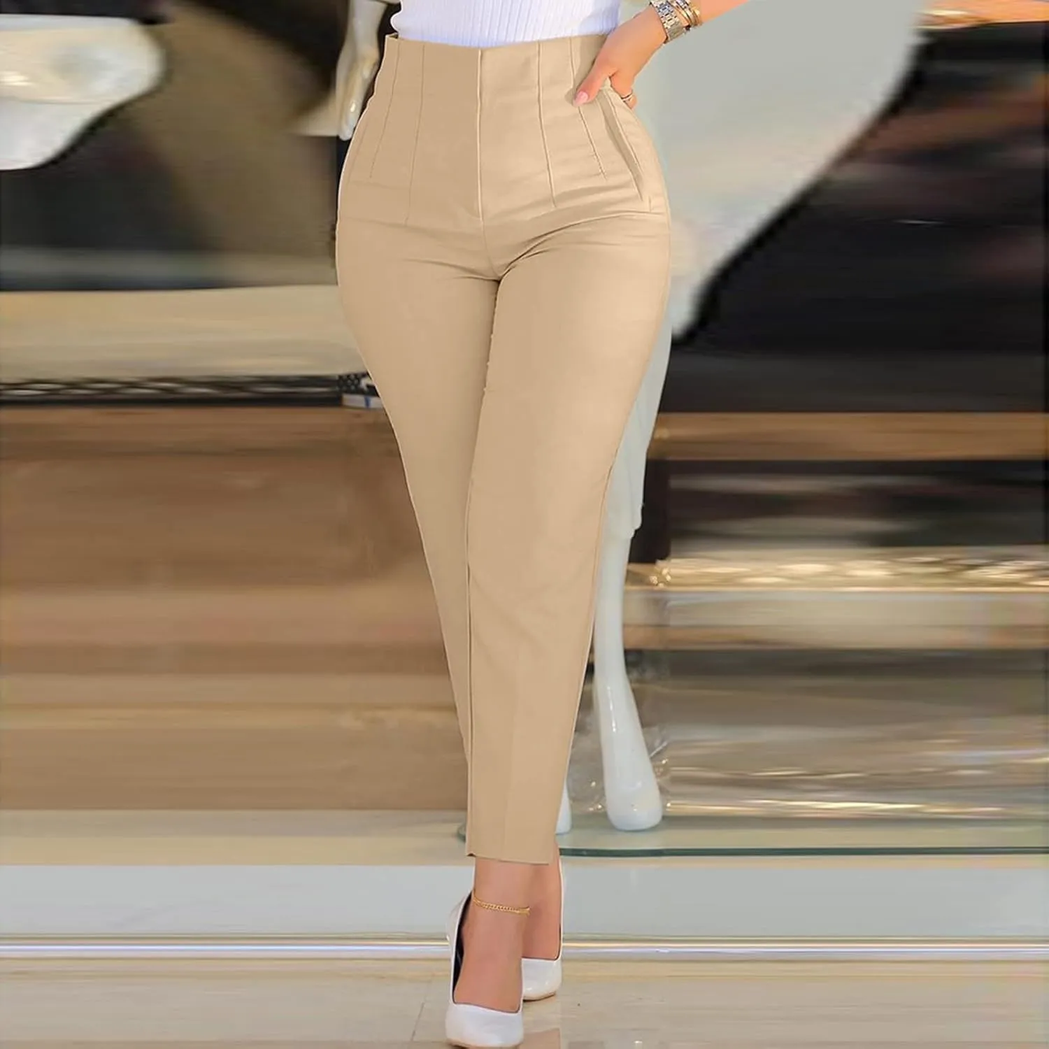 Womens Dress Pants High Waist Tummy Control Slim Fit Work Pants Zip Up Casual Dressy Business Office Trousers
