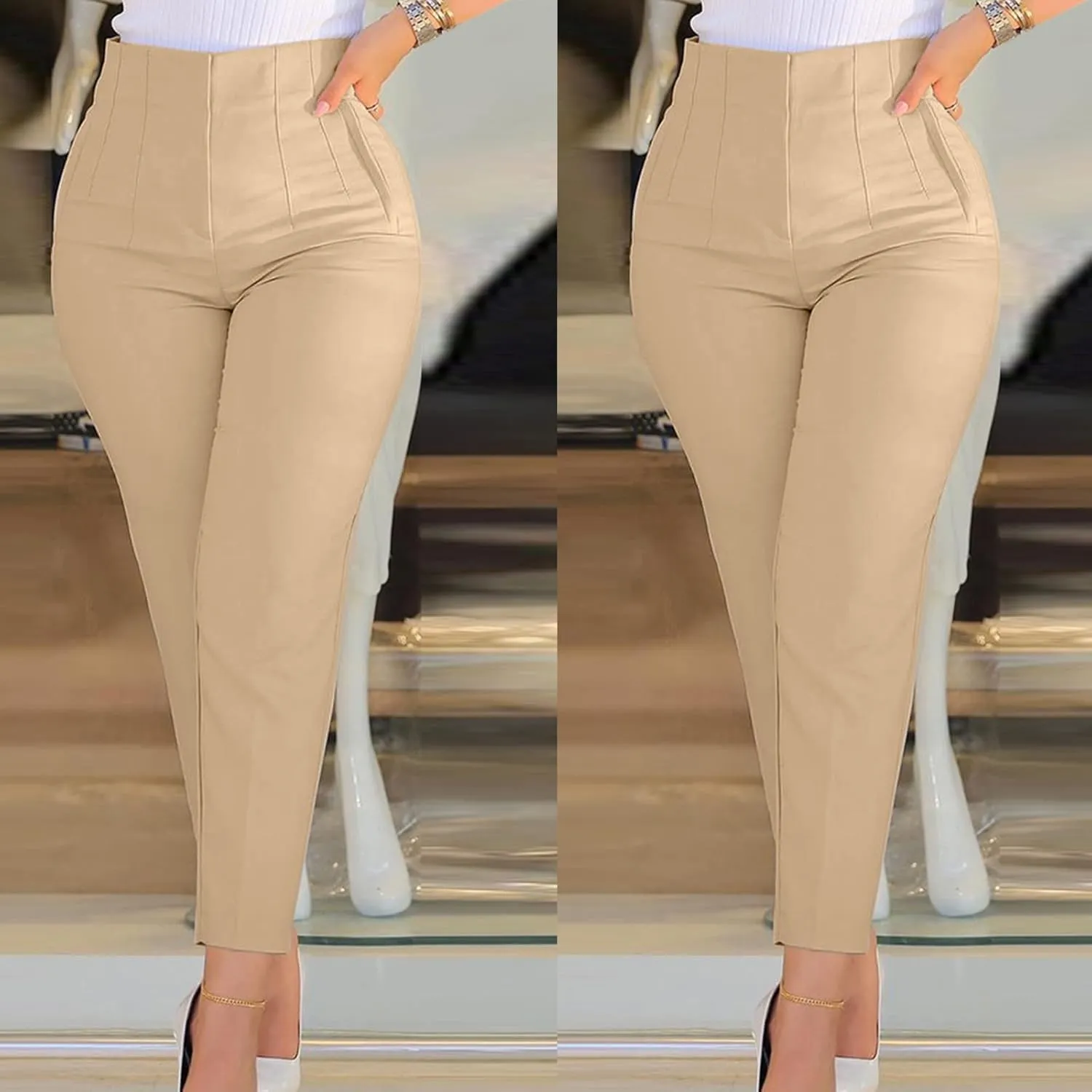 Womens Dress Pants High Waist Tummy Control Slim Fit Work Pants Zip Up Casual Dressy Business Office Trousers