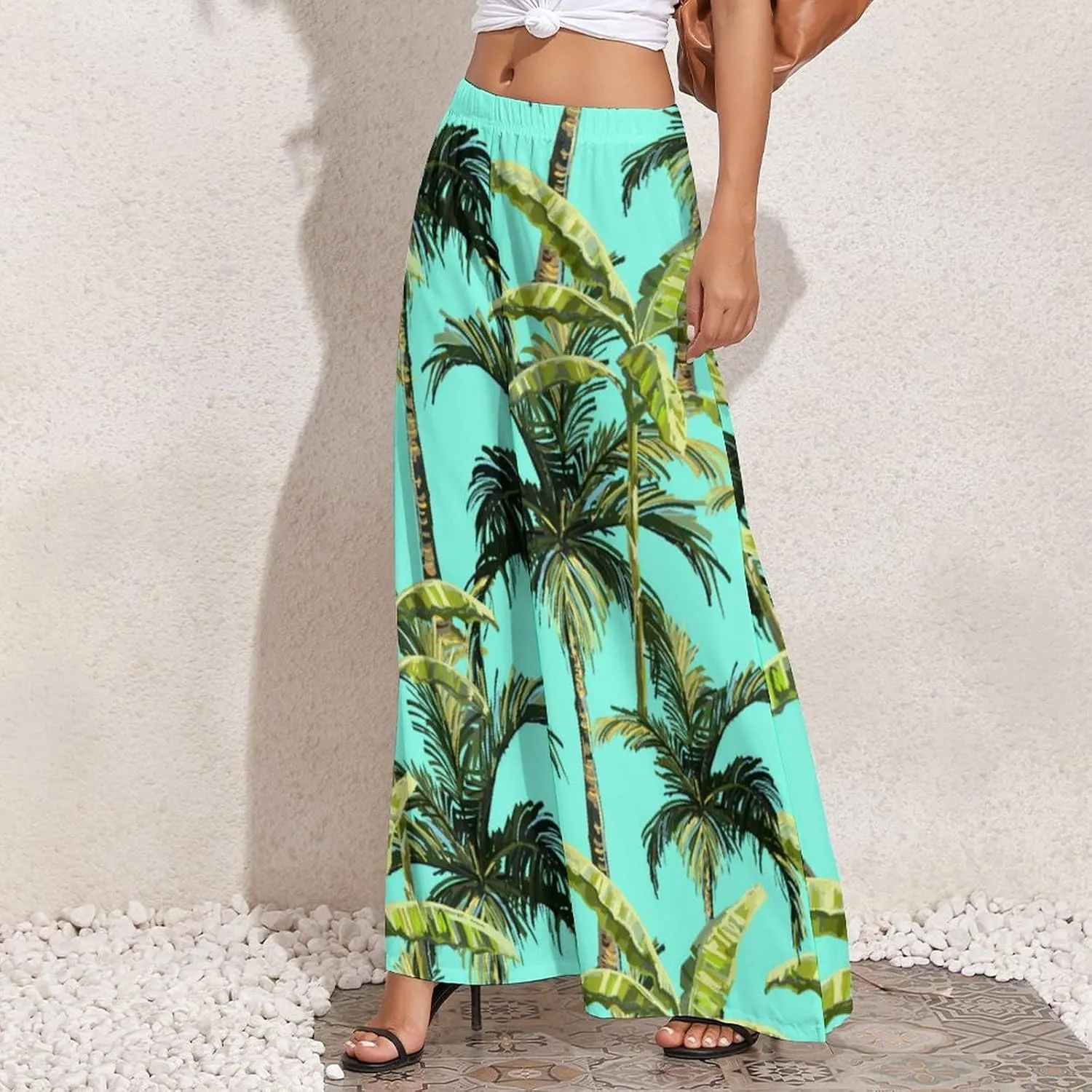 Womens Elastic High Waisted Tropical Vintage Palm Trees Palazzo Pants Casual Wide Leg Lounge Pant for Women