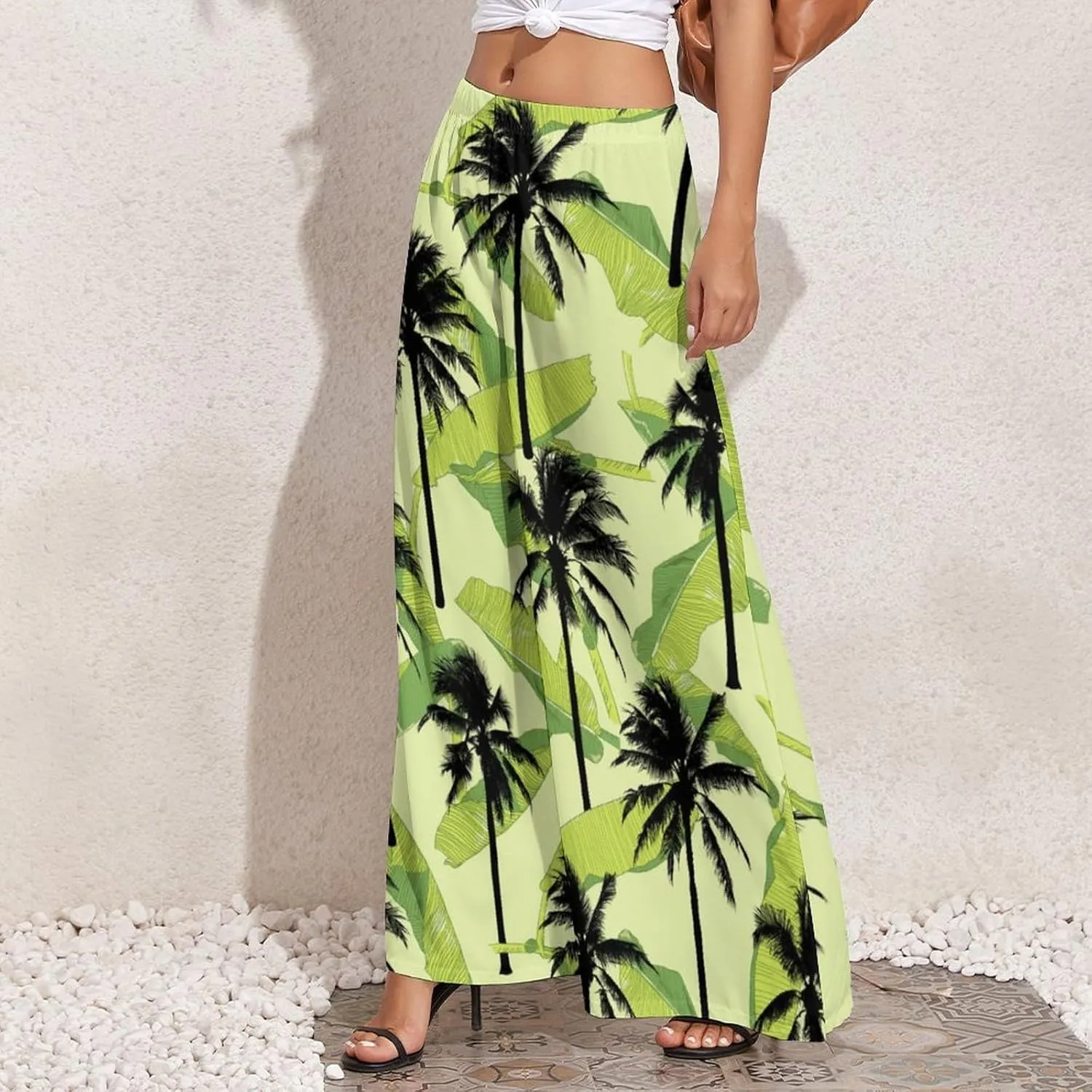 Womens Elastic High Waisted Tropical Vintage Palm Trees Palazzo Pants Casual Wide Leg Lounge Pant for Women