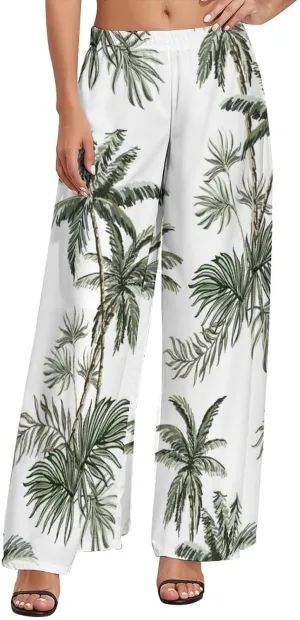 Womens Elastic High Waisted Tropical Vintage Palm Trees Palazzo Pants Casual Wide Leg Lounge Pant for Women