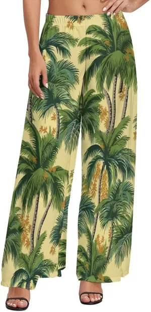Womens Elastic High Waisted Tropical Vintage Palm Trees Palazzo Pants Casual Wide Leg Lounge Pant for Women