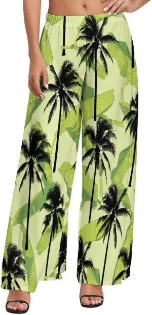 Womens Elastic High Waisted Tropical Vintage Palm Trees Palazzo Pants Casual Wide Leg Lounge Pant for Women