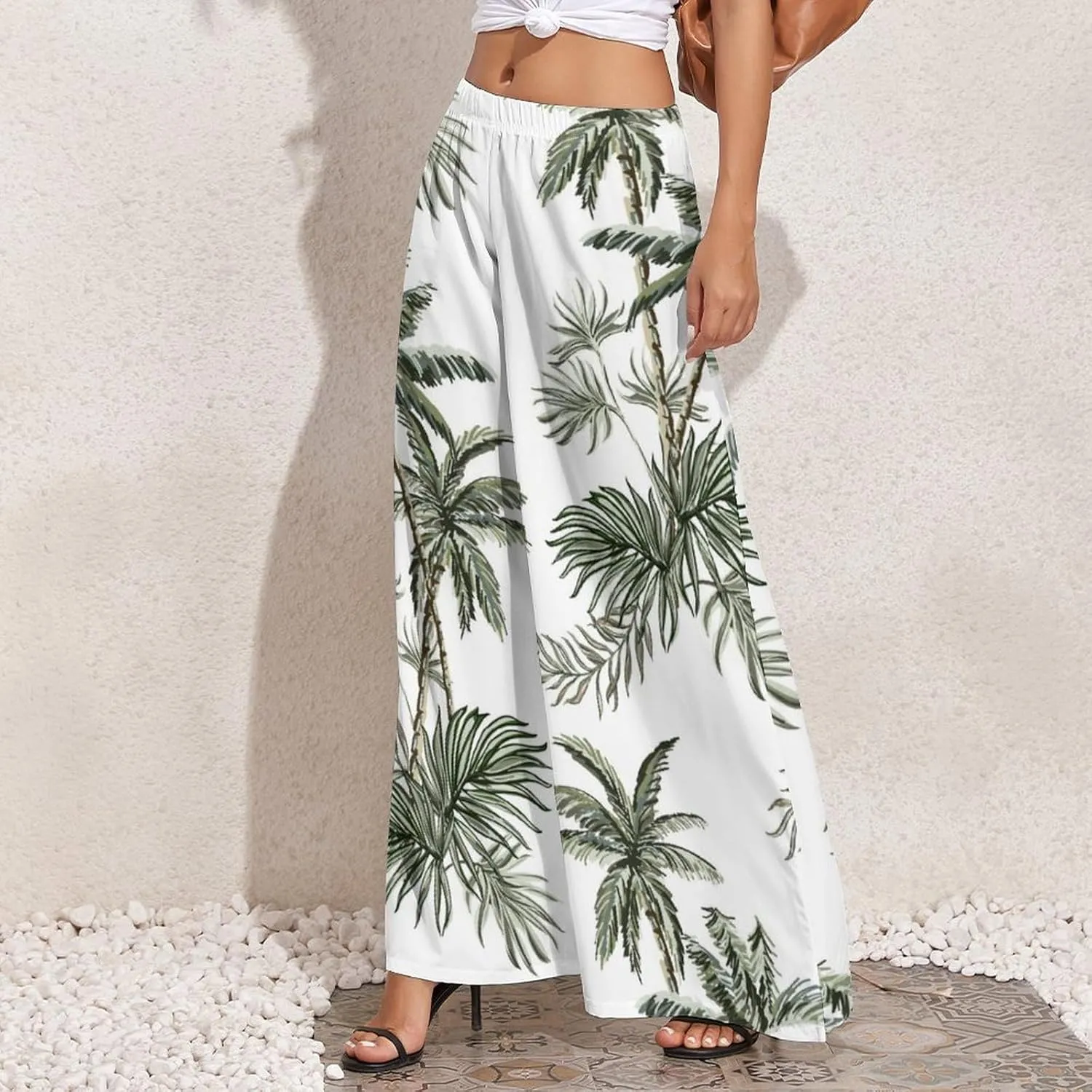Womens Elastic High Waisted Tropical Vintage Palm Trees Palazzo Pants Casual Wide Leg Lounge Pant for Women