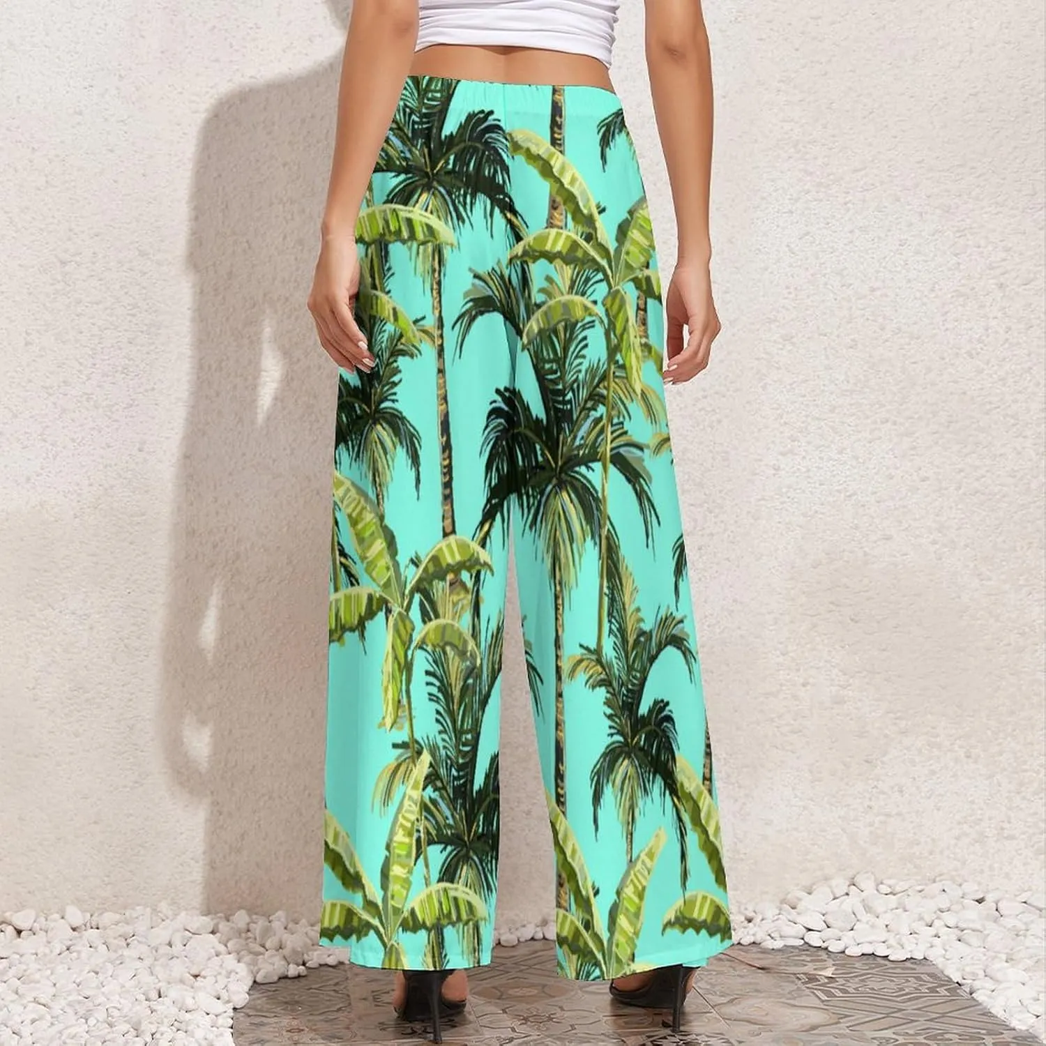 Womens Elastic High Waisted Tropical Vintage Palm Trees Palazzo Pants Casual Wide Leg Lounge Pant for Women