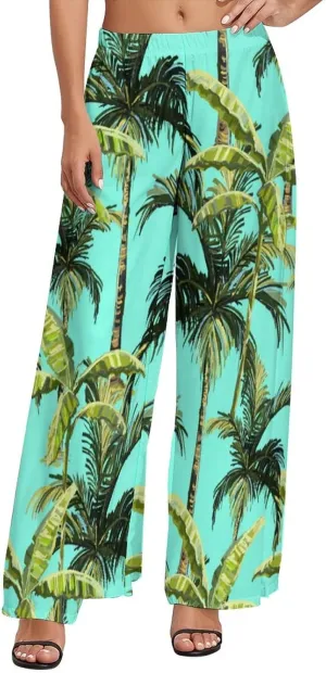 Womens Elastic High Waisted Tropical Vintage Palm Trees Palazzo Pants Casual Wide Leg Lounge Pant for Women