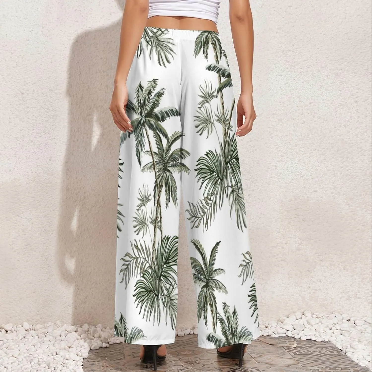 Womens Elastic High Waisted Tropical Vintage Palm Trees Palazzo Pants Casual Wide Leg Lounge Pant for Women