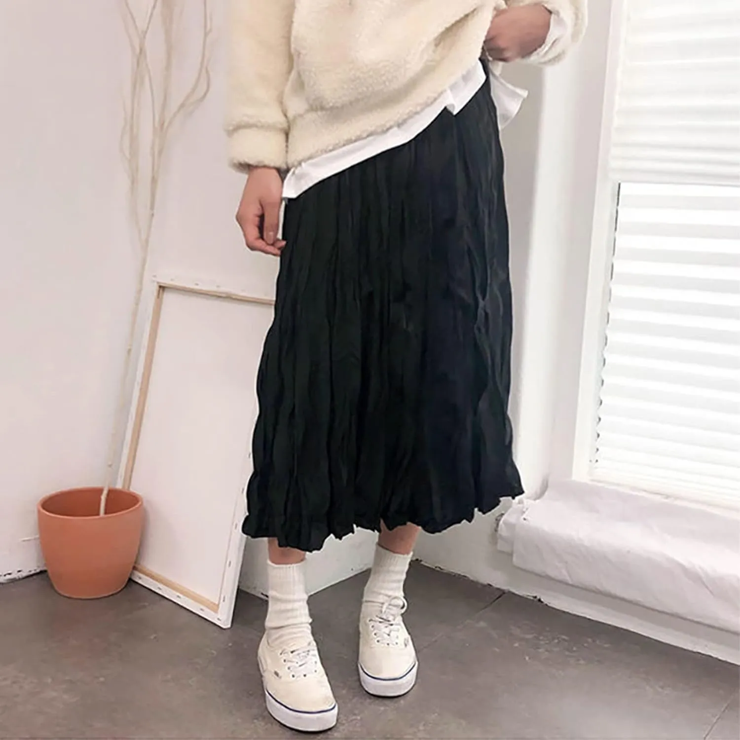 Women's Fashion Skirts High Waist Mid Length Pleated A Line Skirt Elastic Waistband Versatile Women Midi Skirts