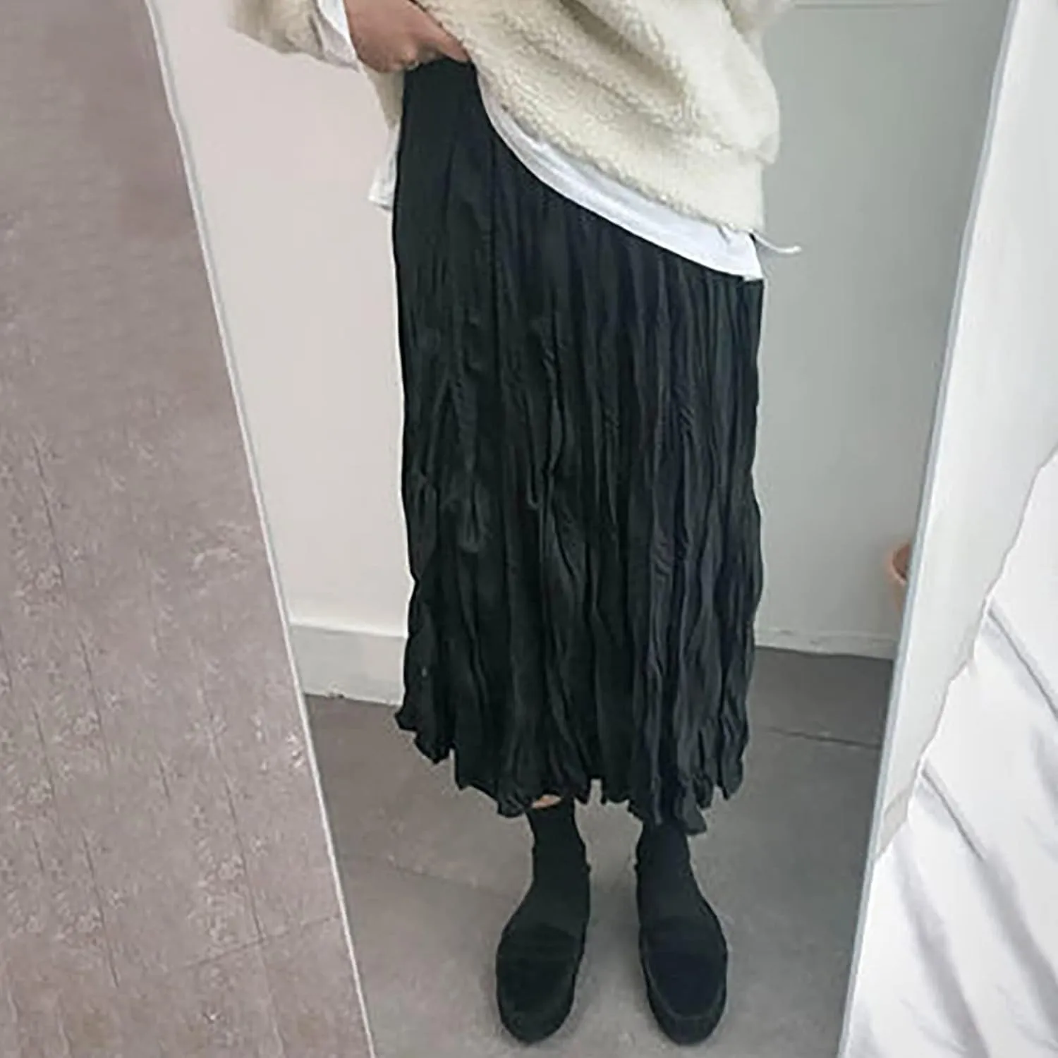 Women's Fashion Skirts High Waist Mid Length Pleated A Line Skirt Elastic Waistband Versatile Women Midi Skirts