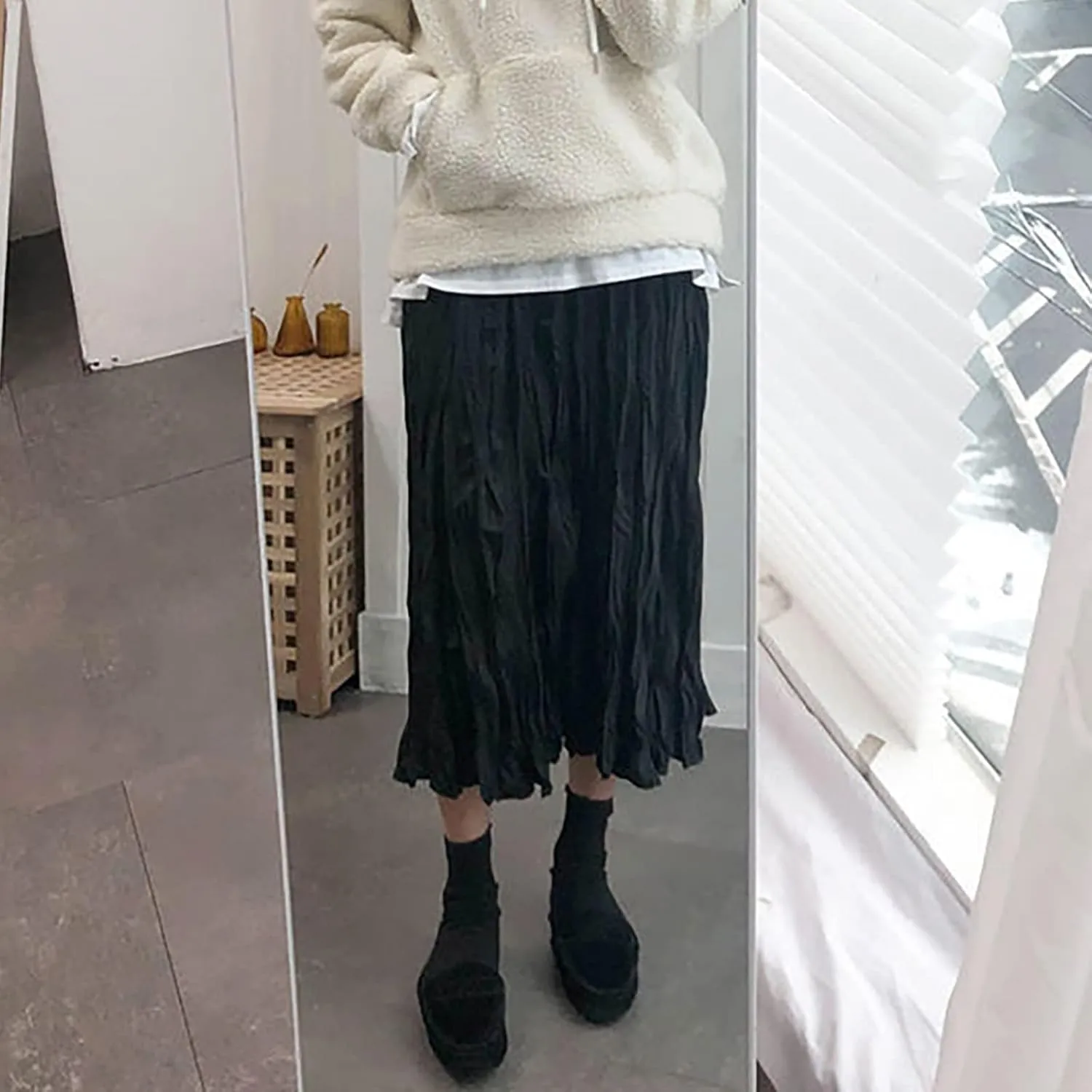 Women's Fashion Skirts High Waist Mid Length Pleated A Line Skirt Elastic Waistband Versatile Women Midi Skirts