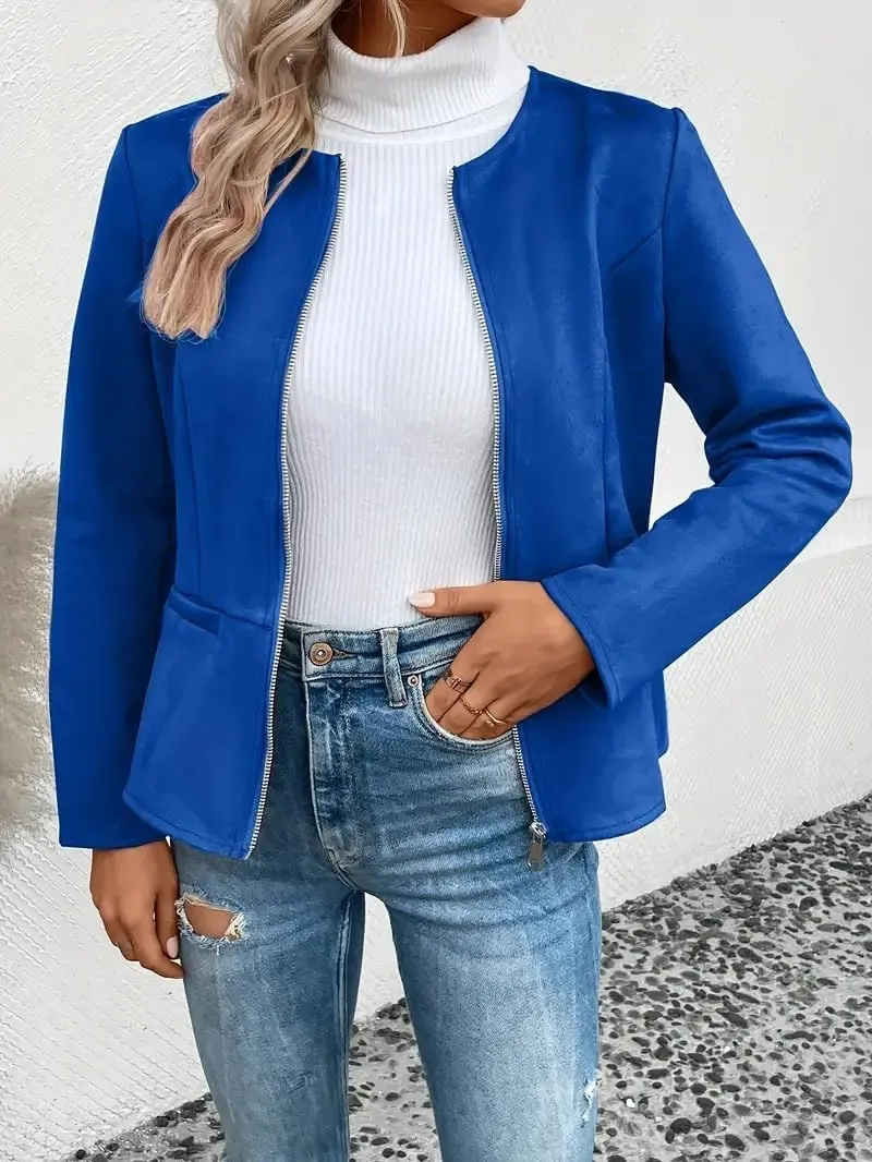 Womens Faux Fur Leather Jackets Casual Cropped Zip Up Motorcyle Jacket Lightweight Stand Collar Coats
