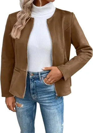 Womens Faux Fur Leather Jackets Casual Cropped Zip Up Motorcyle Jacket Lightweight Stand Collar Coats