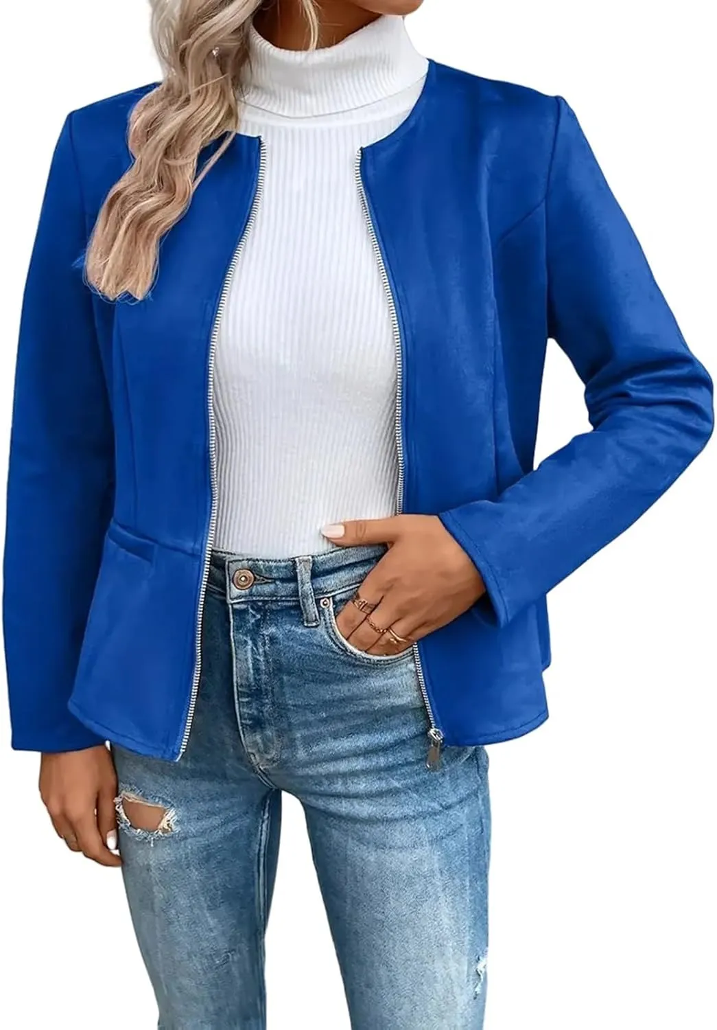 Womens Faux Fur Leather Jackets Casual Cropped Zip Up Motorcyle Jacket Lightweight Stand Collar Coats