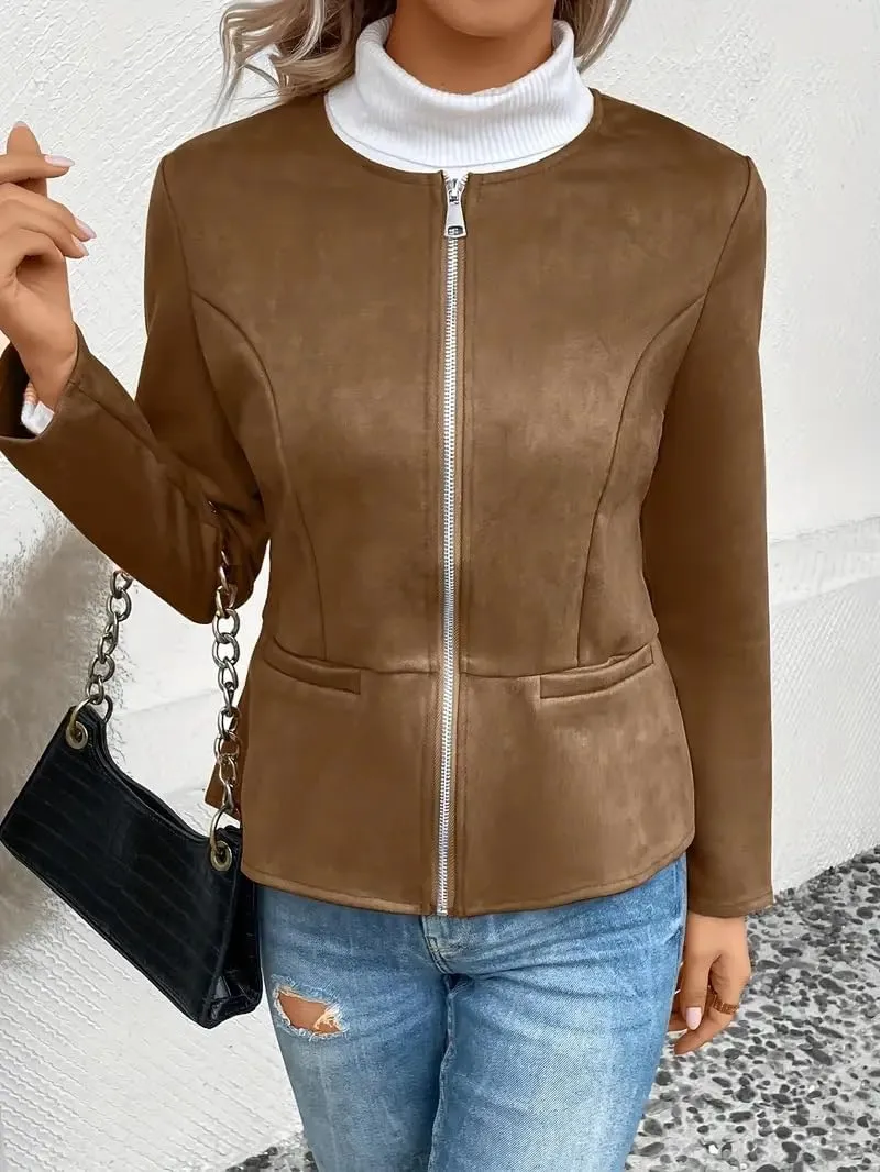 Womens Faux Fur Leather Jackets Casual Cropped Zip Up Motorcyle Jacket Lightweight Stand Collar Coats