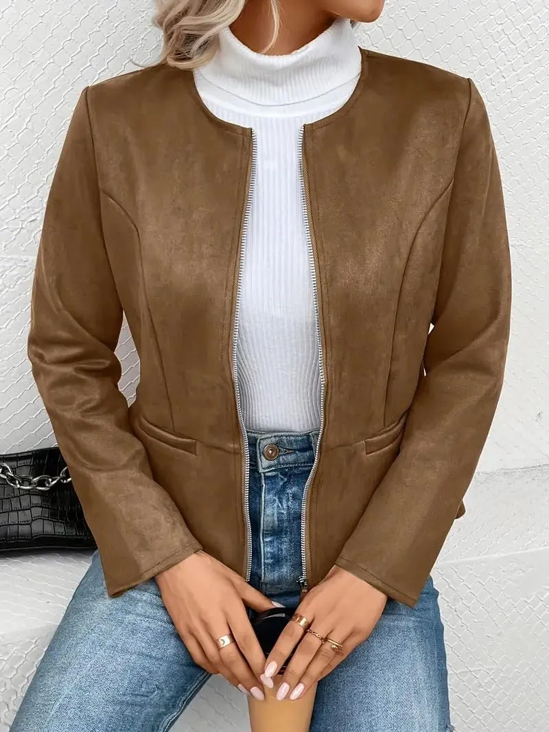 Womens Faux Fur Leather Jackets Casual Cropped Zip Up Motorcyle Jacket Lightweight Stand Collar Coats