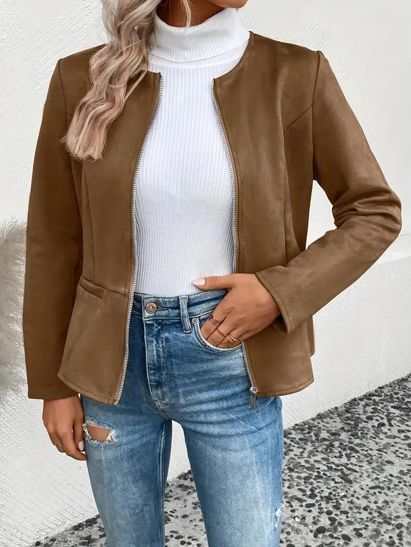 Womens Faux Fur Leather Jackets Casual Cropped Zip Up Motorcyle Jacket Lightweight Stand Collar Coats