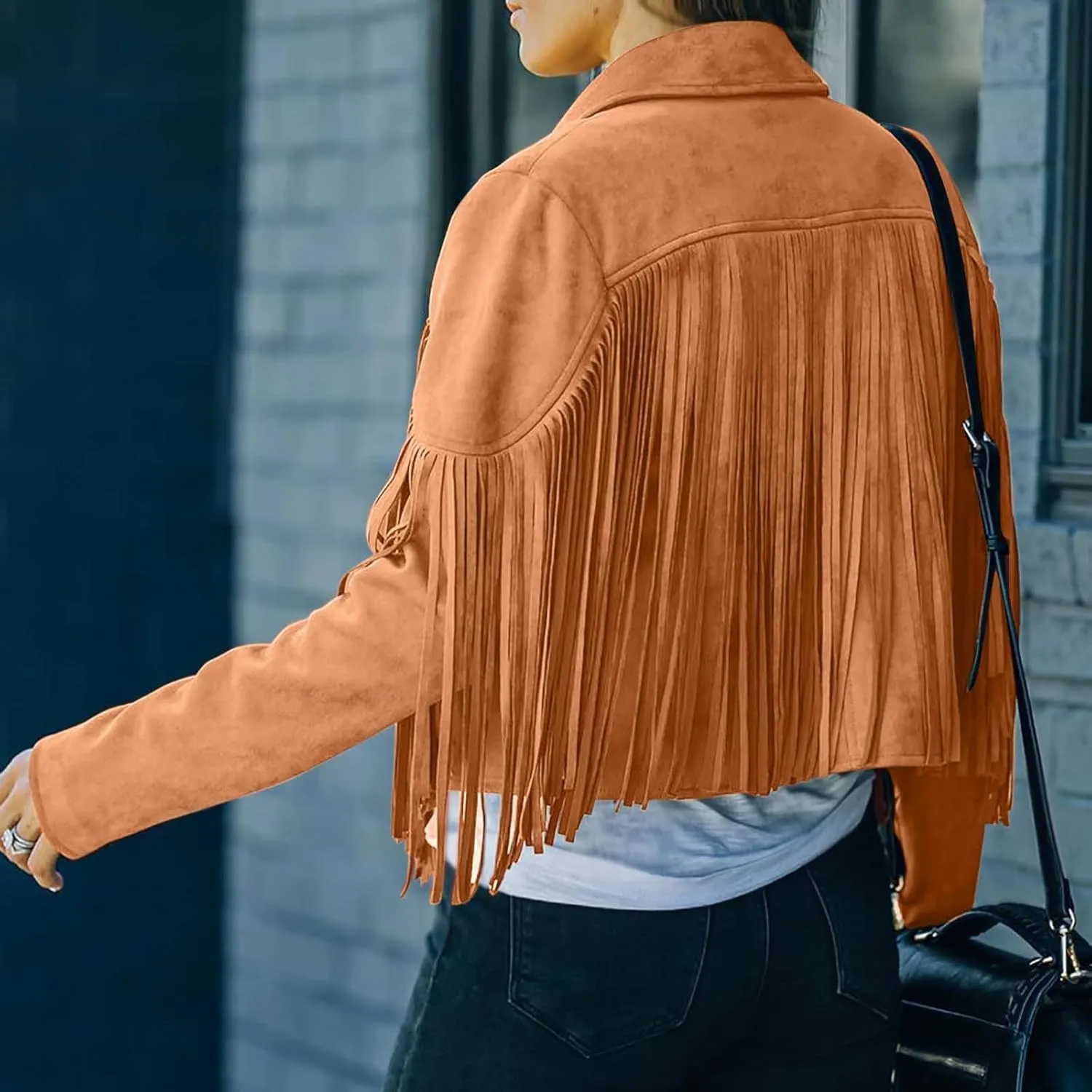 Women's Faux Suede Leather Fringe Jacket Cowgirl Crop Moto Biker Jackets Open Front Tassel Coat Tops 2024 Trendy