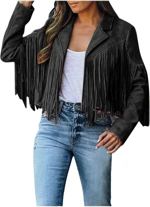 Women's Faux Suede Leather Fringe Jacket Cowgirl Crop Moto Biker Jackets Open Front Tassel Coat Tops 2024 Trendy