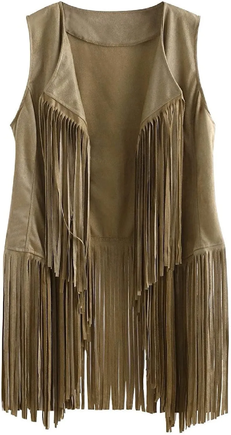 Womens Faux Suede Tassels Vest Vintage 70s Hippie Sleeveless Cowgirl Western Vest Open Front Cardigan Jackets