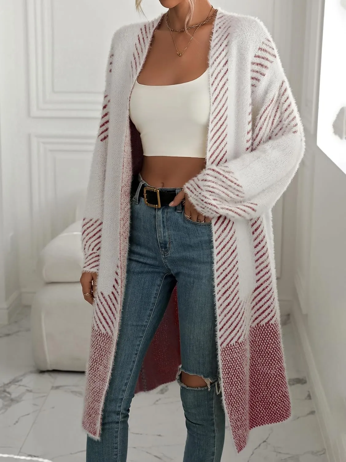 Women's Fuzzy Color Block Striped Cardigan Sweaters Open Front Diagonal Stripe Chunky Knit Coatigan Coat