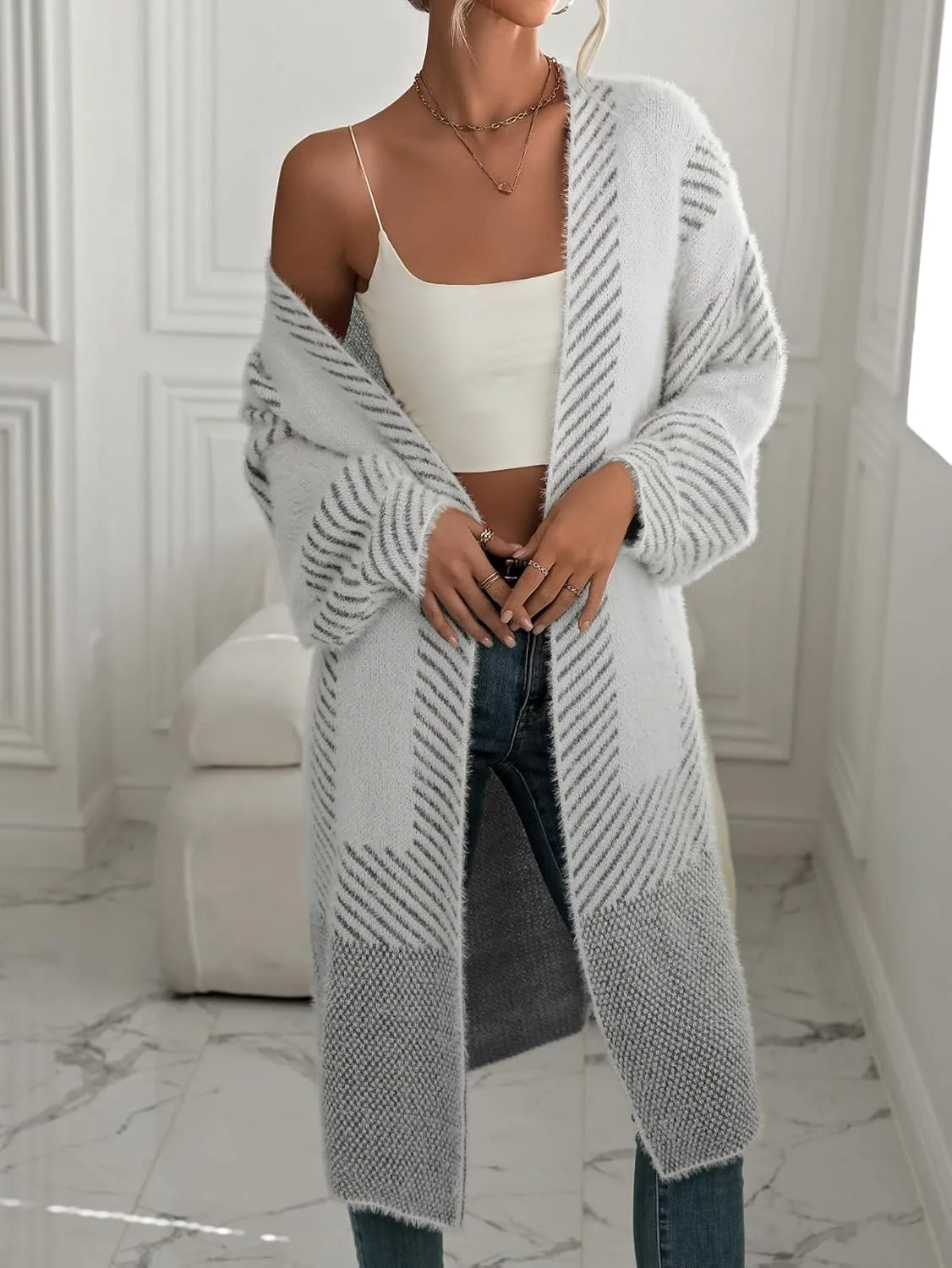 Women's Fuzzy Color Block Striped Cardigan Sweaters Open Front Diagonal Stripe Chunky Knit Coatigan Coat