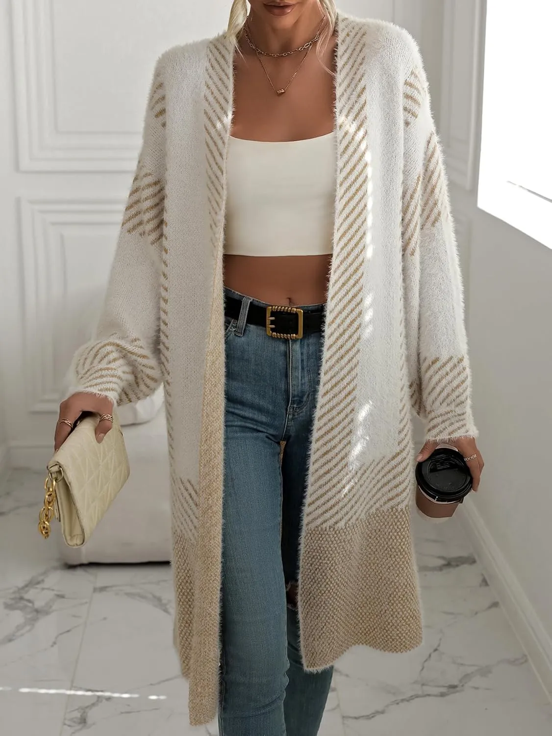 Women's Fuzzy Color Block Striped Cardigan Sweaters Open Front Diagonal Stripe Chunky Knit Coatigan Coat