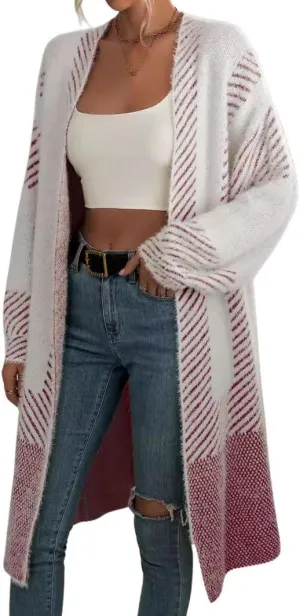 Women's Fuzzy Color Block Striped Cardigan Sweaters Open Front Diagonal Stripe Chunky Knit Coatigan Coat