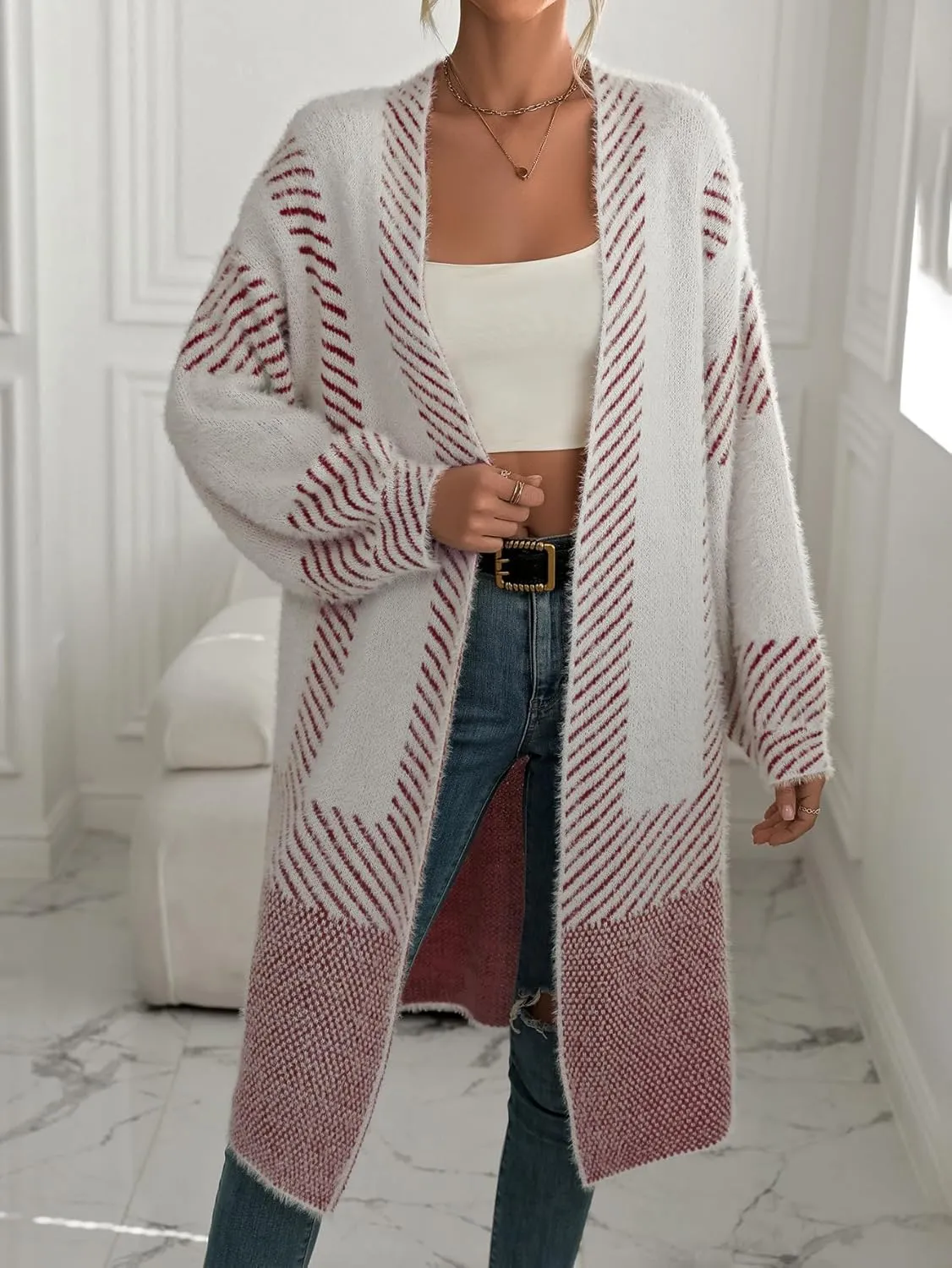 Women's Fuzzy Color Block Striped Cardigan Sweaters Open Front Diagonal Stripe Chunky Knit Coatigan Coat