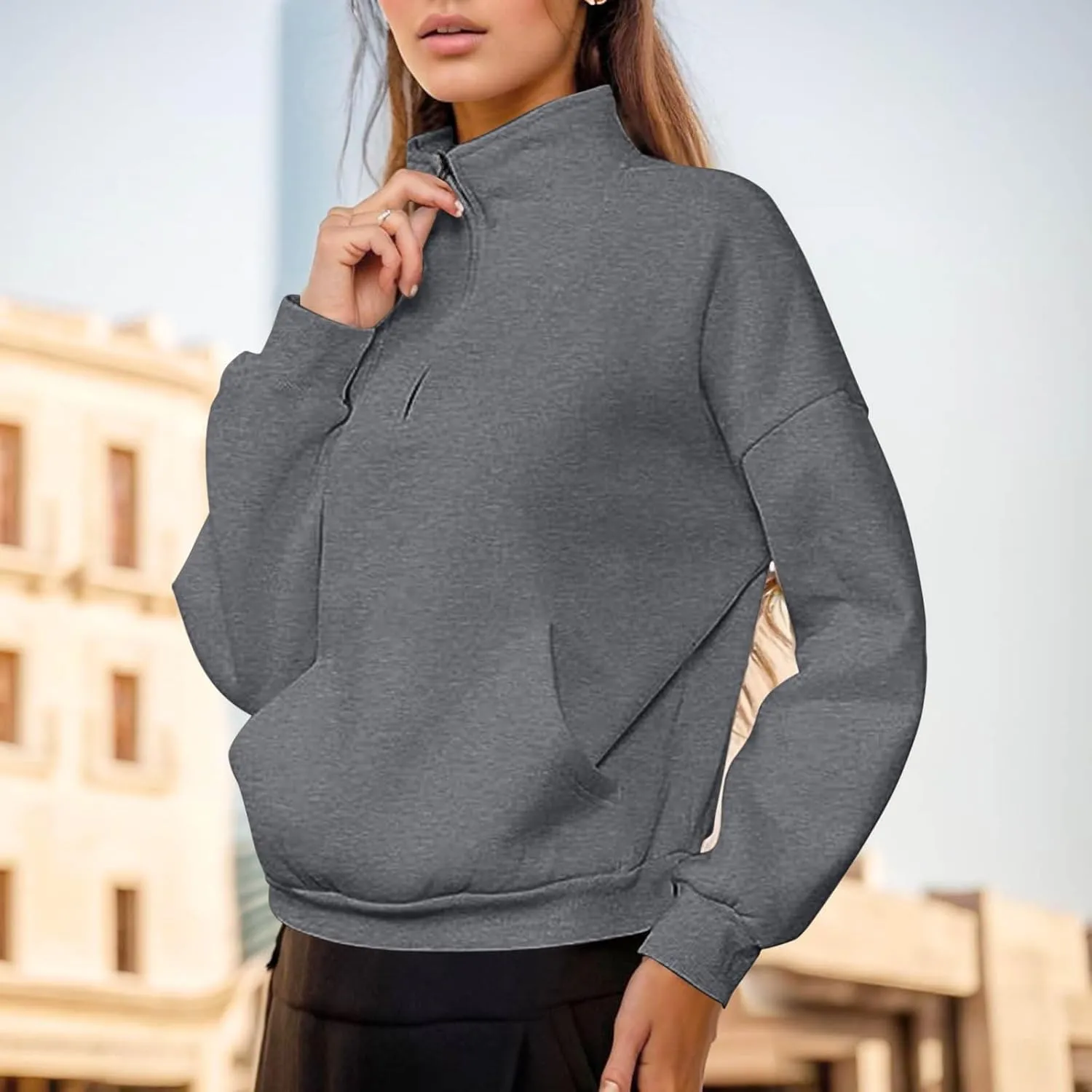 Women's Half Zip Sweatshirts Crew Neck Cropped Sweater Quarter Zipper Long Sleeve Hoodied Pullover Y2K Clothes