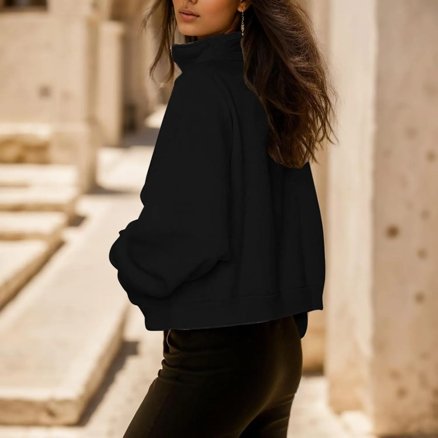 Women's Half Zip Sweatshirts Crew Neck Cropped Sweater Quarter Zipper Long Sleeve Hoodied Pullover Y2K Clothes