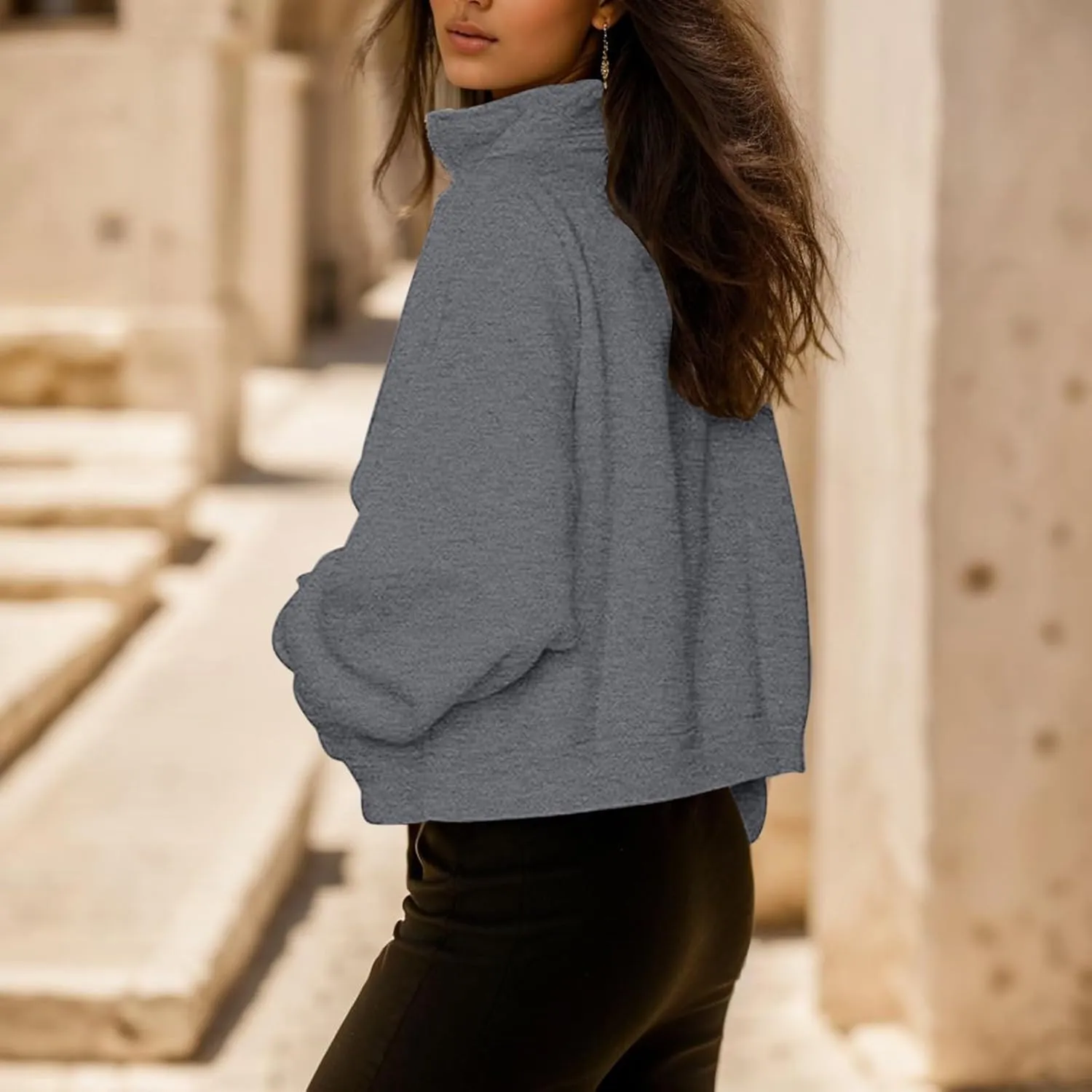 Women's Half Zip Sweatshirts Crew Neck Cropped Sweater Quarter Zipper Long Sleeve Hoodied Pullover Y2K Clothes