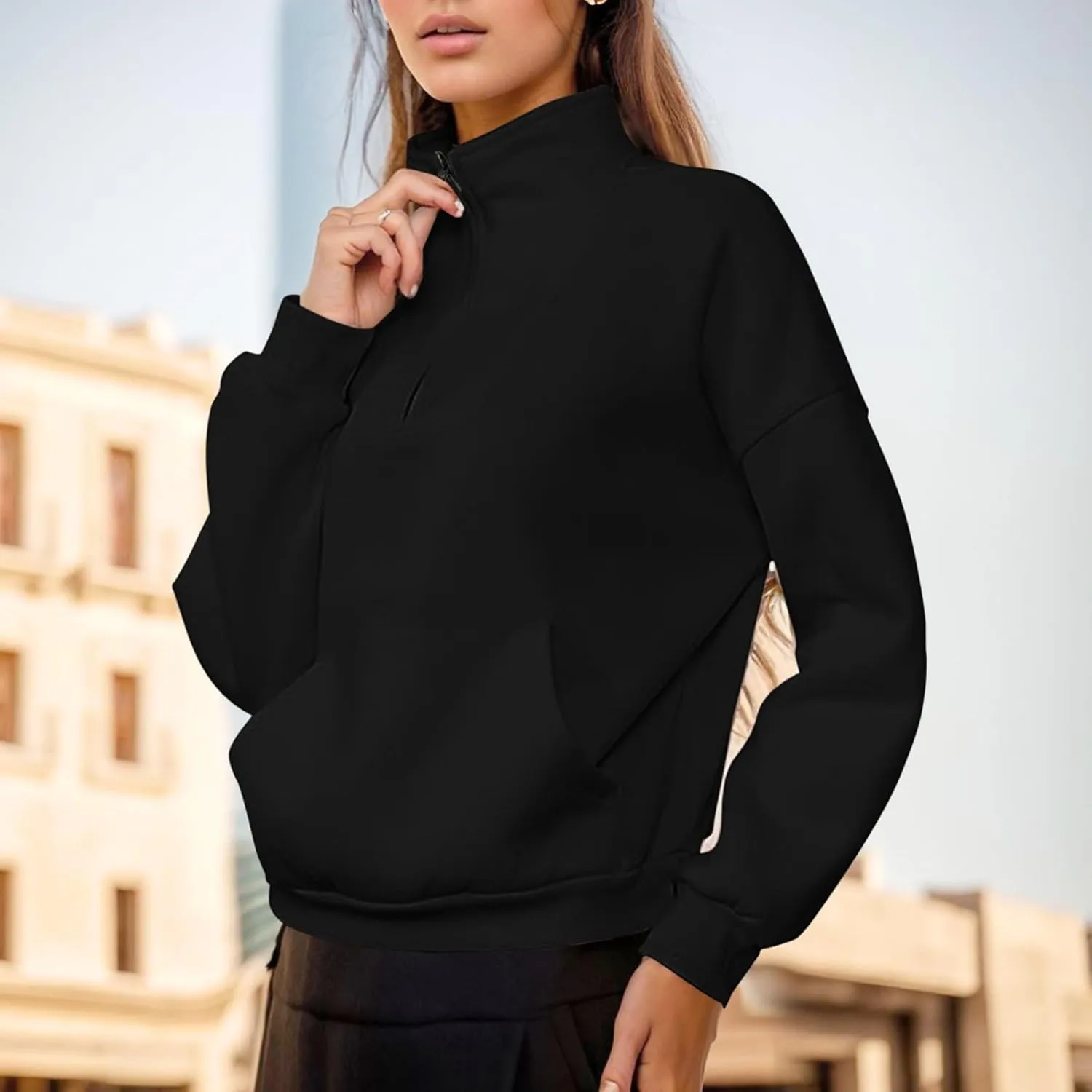 Women's Half Zip Sweatshirts Crew Neck Cropped Sweater Quarter Zipper Long Sleeve Hoodied Pullover Y2K Clothes