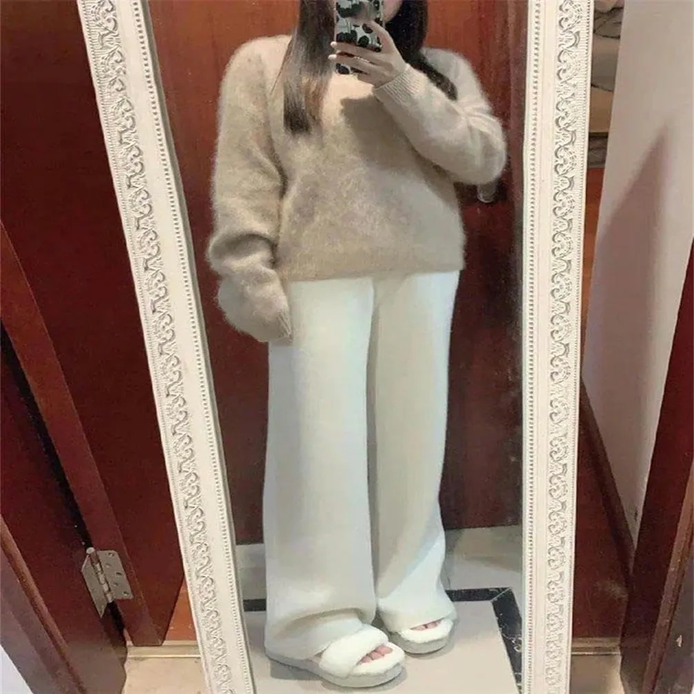 Women's high Waist Knitted Wool Pants Elastic Elastic Waist Solid Color Casual Women's Pants