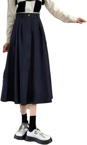 Women's High Waist Retro Pleated Skirt Casual Versatile Midi Skirt