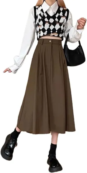 Women's High Waist Retro Pleated Skirt Casual Versatile Midi Skirt