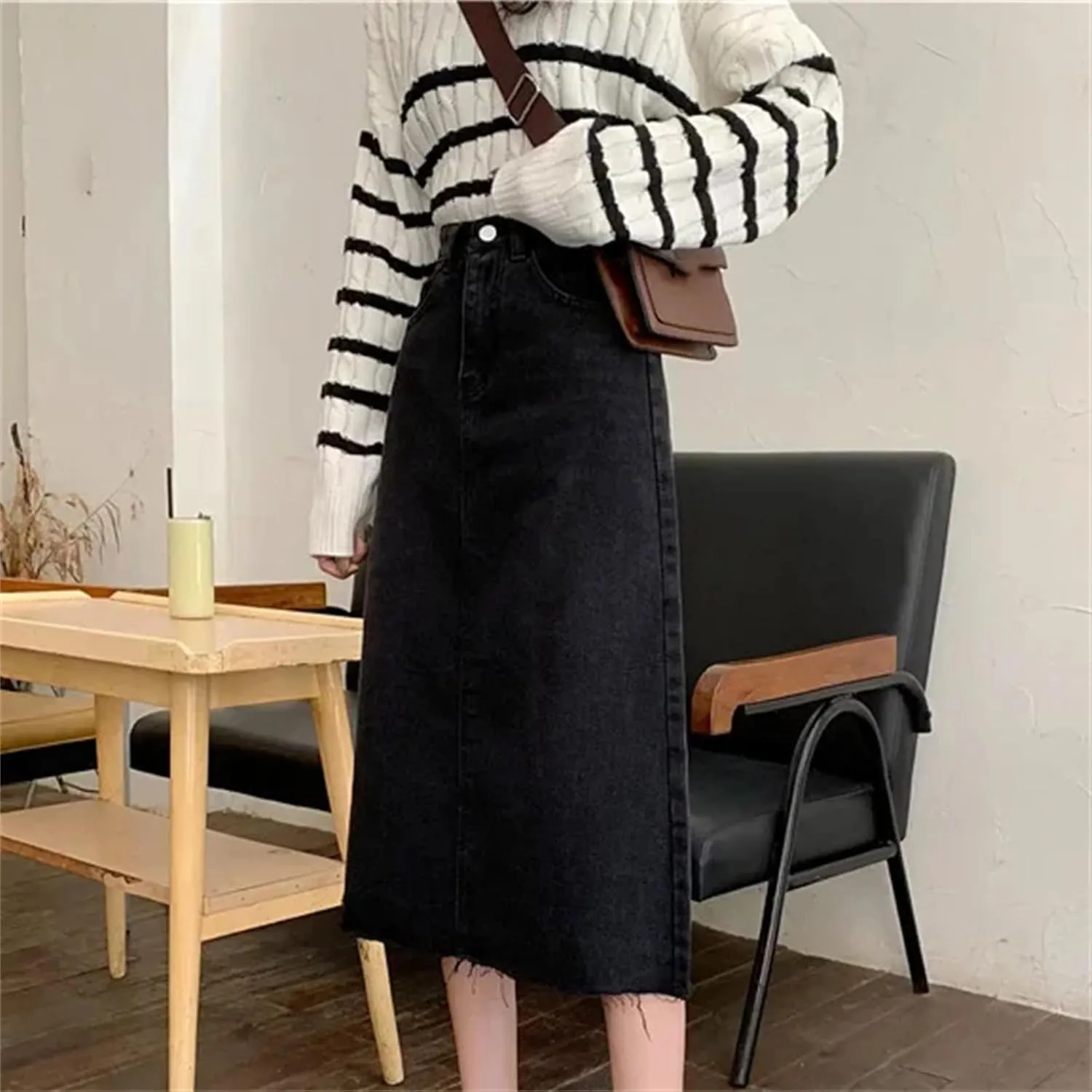 Women's High-Waisted Denim Skirt  Spring Summer Slimming Versatile Fringe A-Line Vintage Hip Wrap Dress