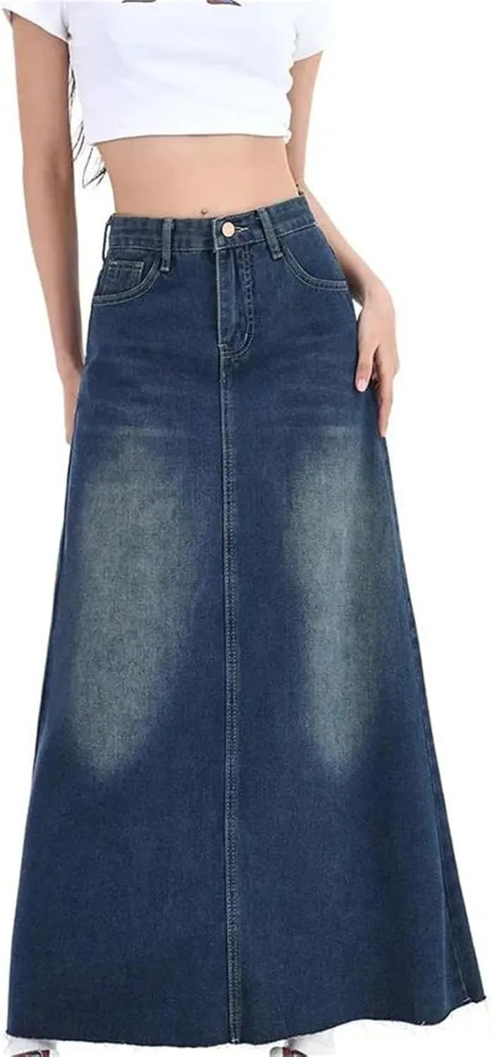 Women's High-Waisted Slimming Denim Skirt  Mid-Length A-Line Fringe Versatile Half-Body Dress