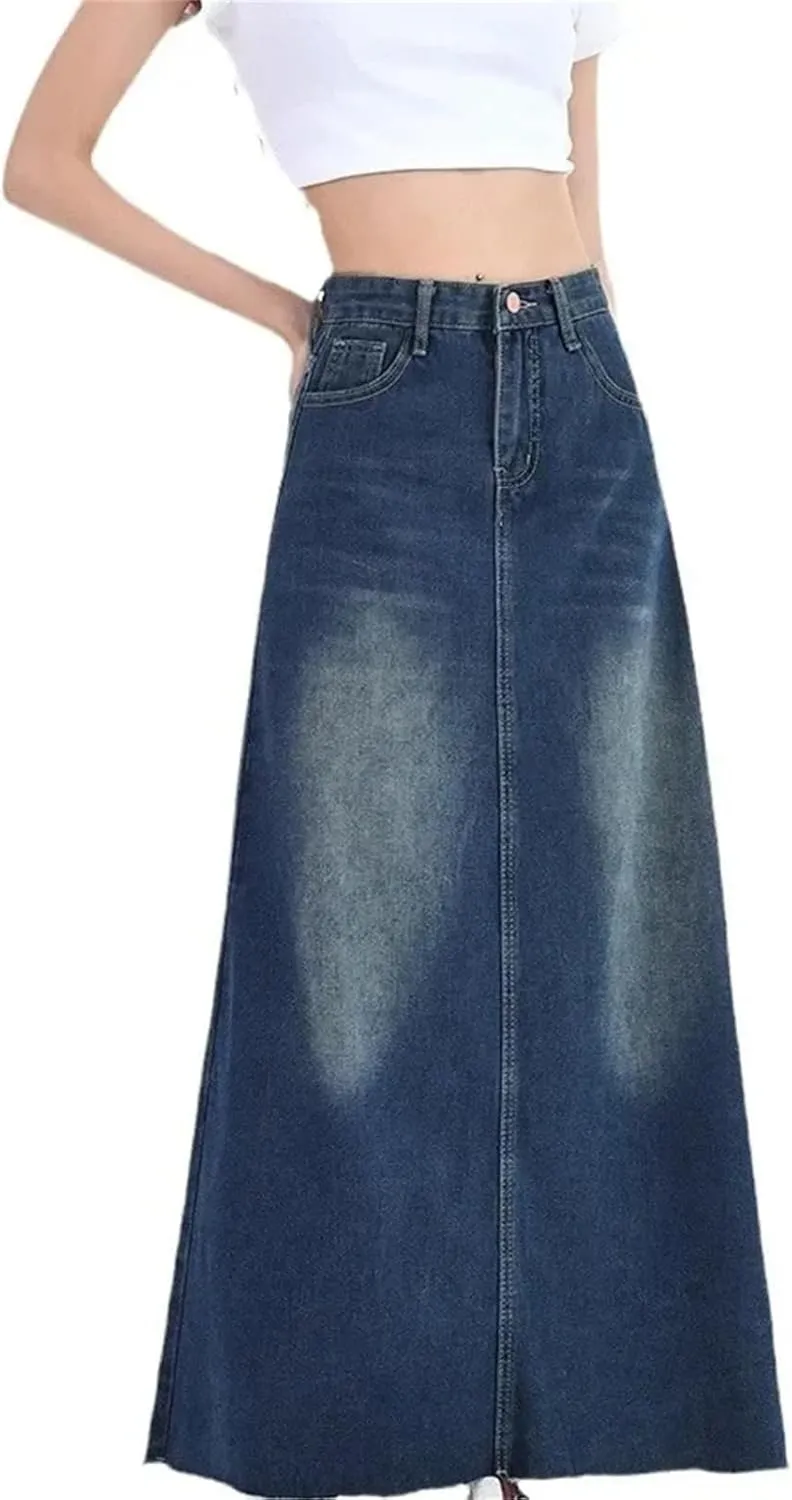 Women's High-Waisted Slimming Denim Skirt  Mid-Length A-Line Fringe Versatile Half-Body Dress