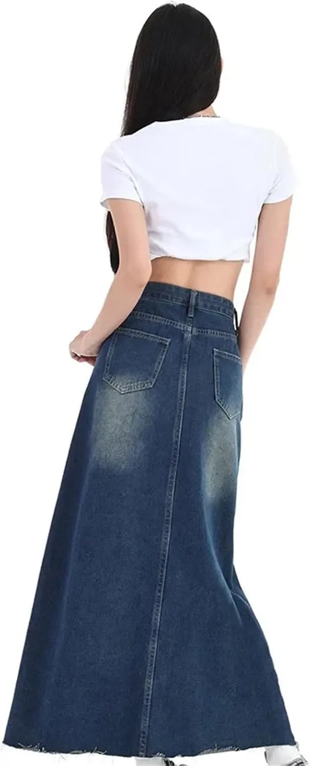 Women's High-Waisted Slimming Denim Skirt  Mid-Length A-Line Fringe Versatile Half-Body Dress