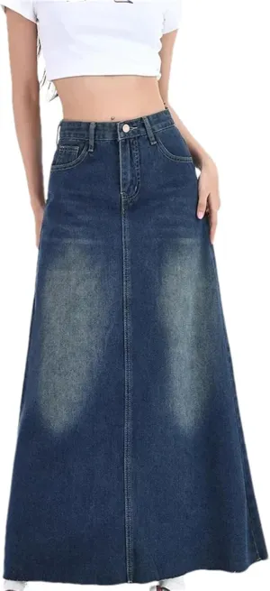 Women's High-Waisted Slimming Denim Skirt  Mid-Length A-Line Fringe Versatile Half-Body Dress