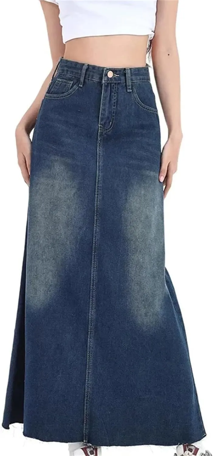 Women's High-Waisted Slimming Denim Skirt  Mid-Length A-Line Fringe Versatile Half-Body Dress