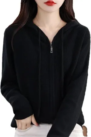 Women's Hooded Zipper Cardigan Cashmere Sweater Women Casual Long Sleeve Loose Cardigan