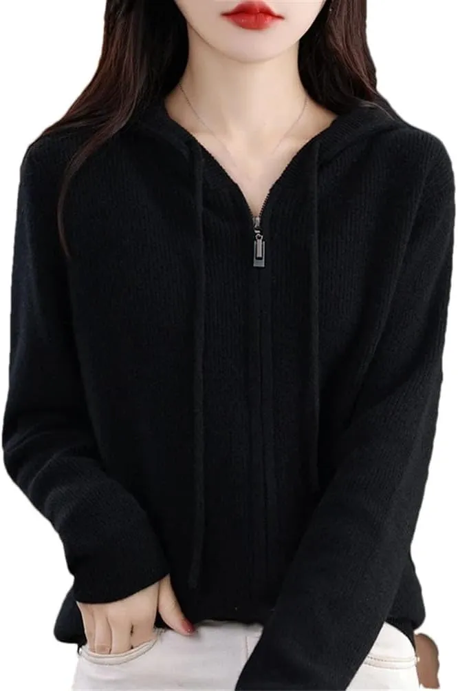 Women's Hooded Zipper Cardigan Cashmere Sweater Women Casual Long Sleeve Loose Cardigan