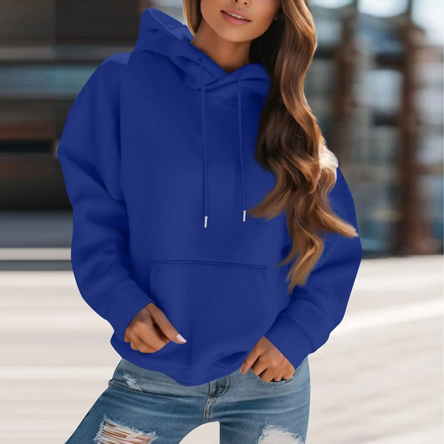Womens Hoodies Fall Oversized Sweatshirt Preppy Fleece Pullover Solid Color Comfort Hoodie With Pockets