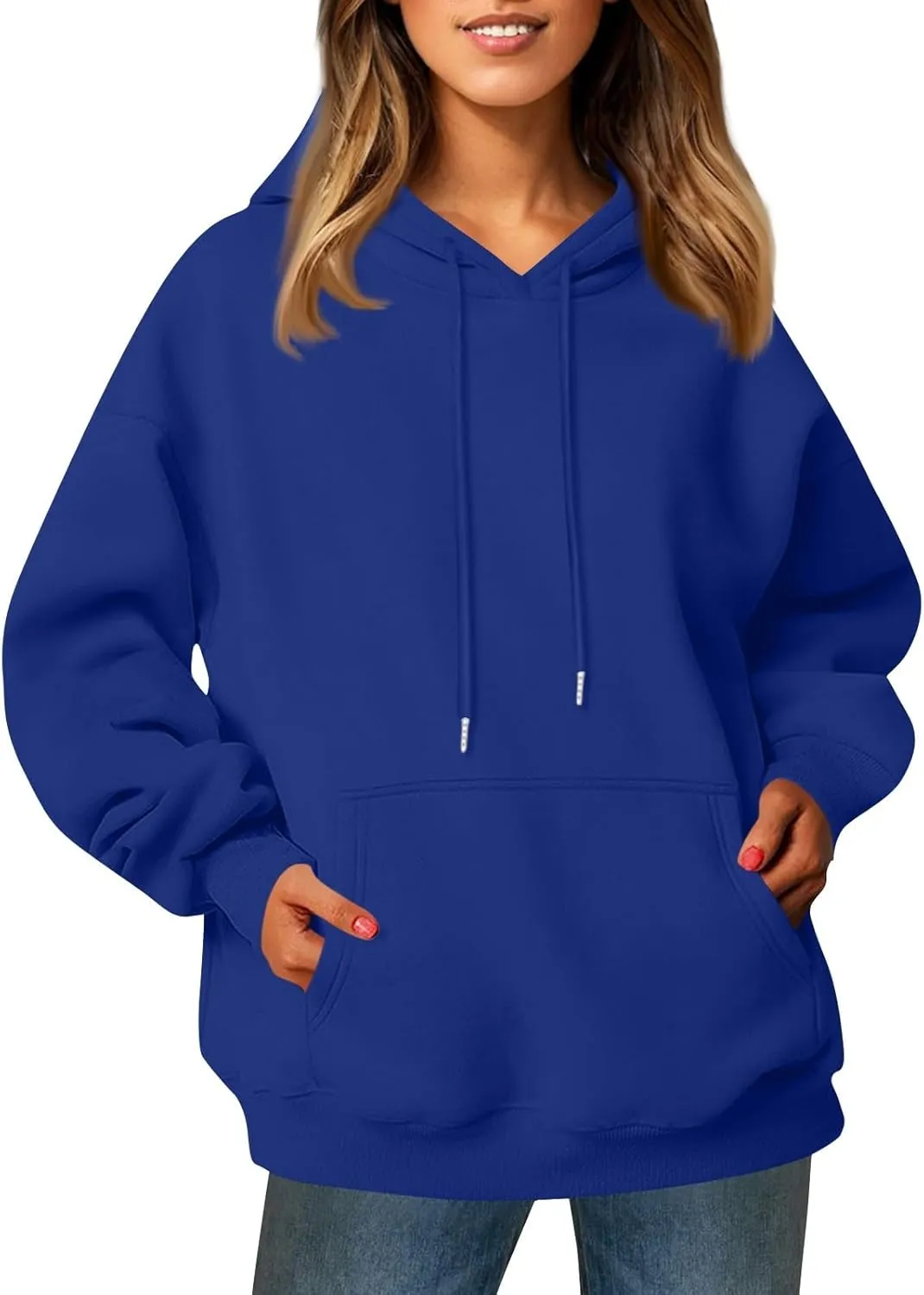 Womens Hoodies Fall Oversized Sweatshirt Preppy Fleece Pullover Solid Color Comfort Hoodie With Pockets