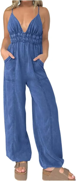 Womens Jumpsuits Casual Harem Overalls Comfy Sleeveless V Neck Rompers Wide Leg Flowy Pants Beachwear Outfit with Pockets