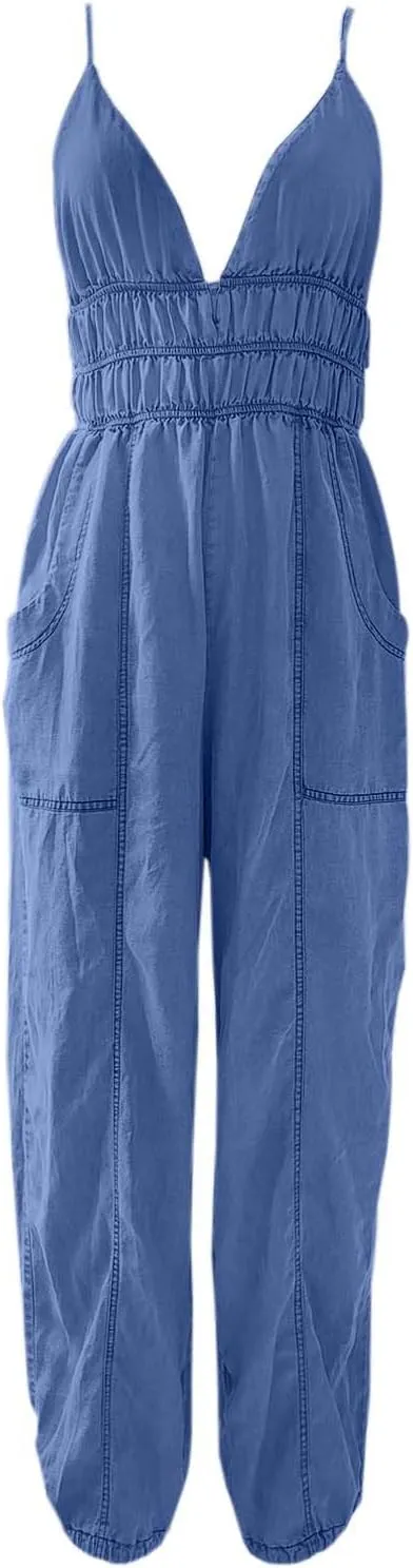 Womens Jumpsuits Casual Harem Overalls Comfy Sleeveless V Neck Rompers Wide Leg Flowy Pants Beachwear Outfit with Pockets