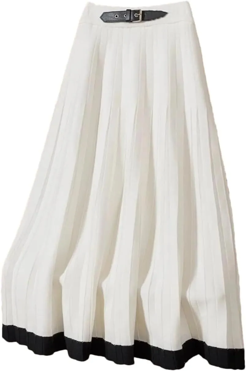 Women's Knitted Midi Skirt with Belt and Pleated Hem for Autumn Winter