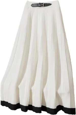 Women's Knitted Midi Skirt with Belt and Pleated Hem for Autumn Winter
